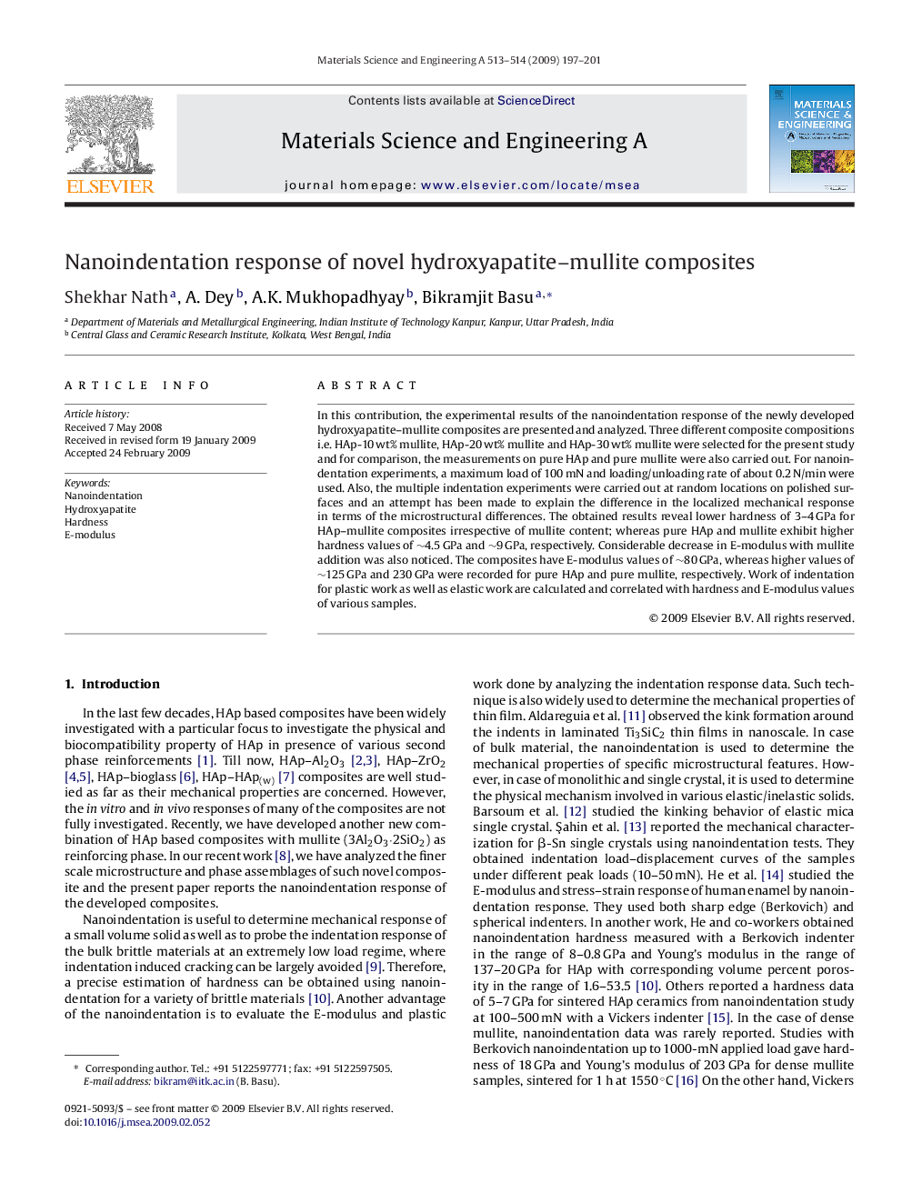 Nanoindentation response of novel hydroxyapatite–mullite composites