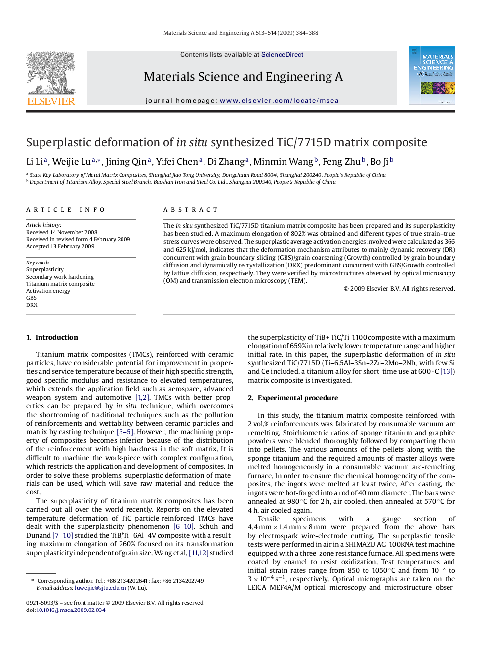 Superplastic deformation of in situ synthesized TiC/7715D matrix composite