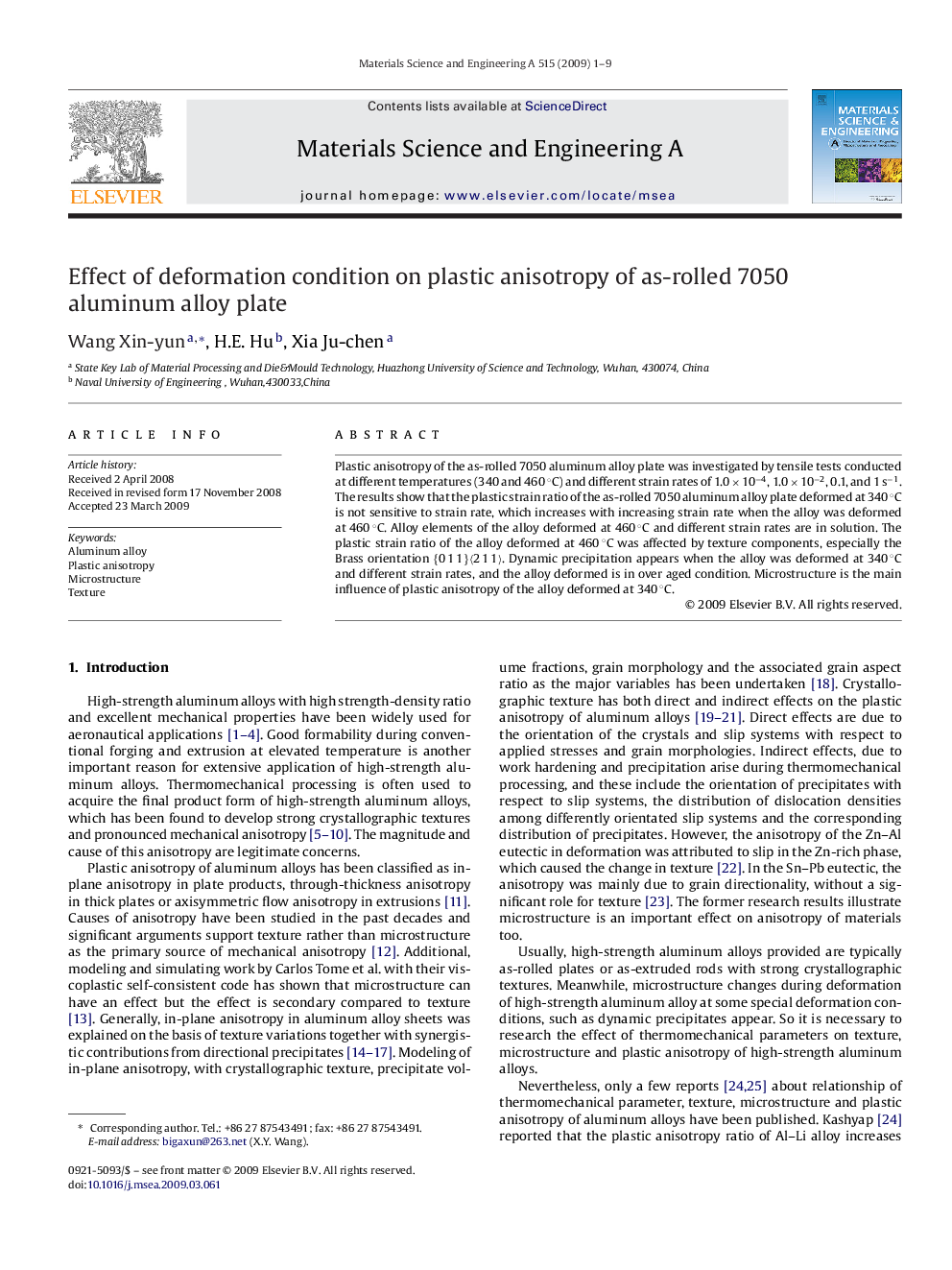 Effect of deformation condition on plastic anisotropy of as-rolled 7050 aluminum alloy plate