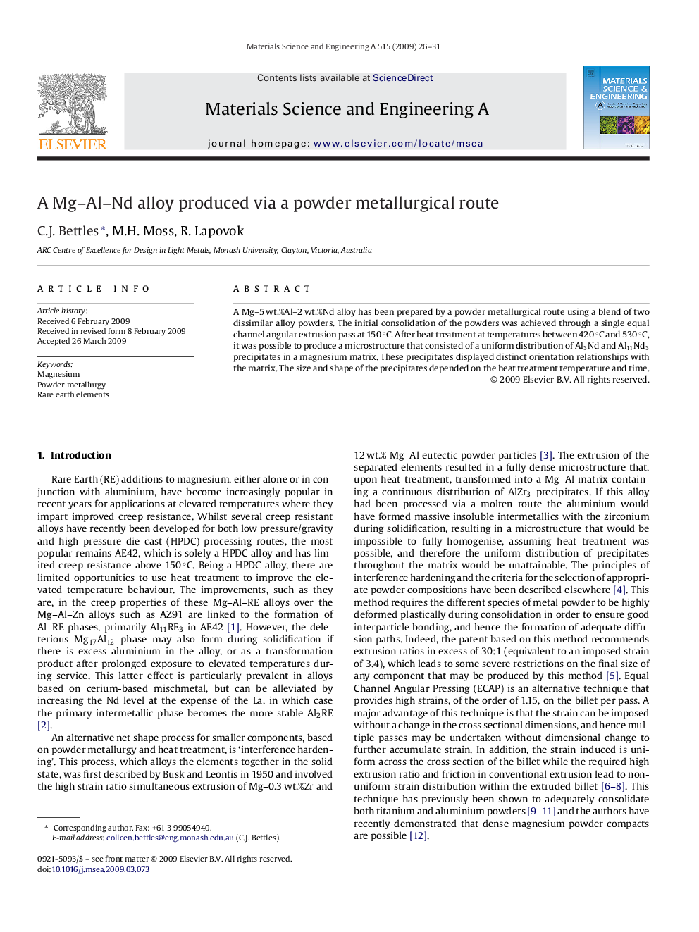 A Mg–Al–Nd alloy produced via a powder metallurgical route