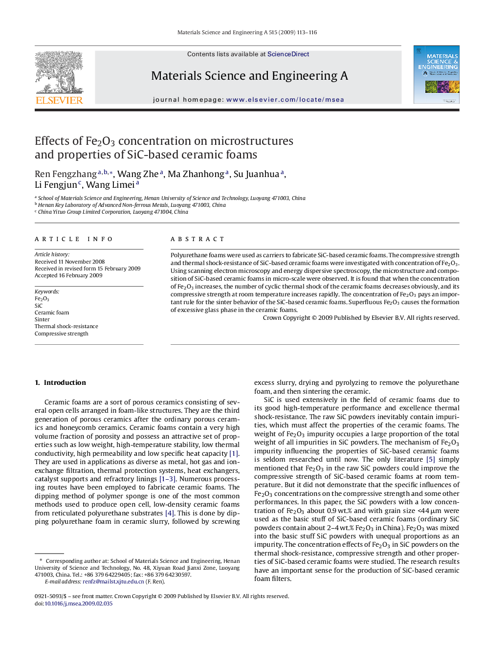 Effects of Fe2O3 concentration on microstructures and properties of SiC-based ceramic foams