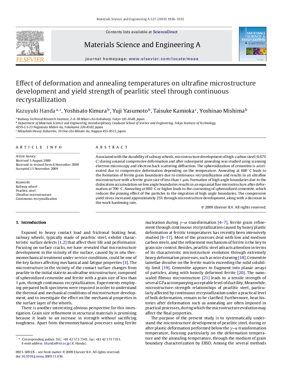 Effect of deformation and annealing temperatures on ultrafine microstructure development and yield strength of pearlitic steel through continuous recrystallization