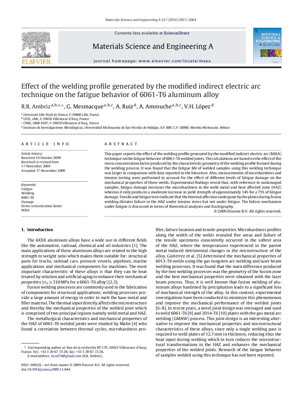 Effect of the welding profile generated by the modified indirect electric arc technique on the fatigue behavior of 6061-T6 aluminum alloy