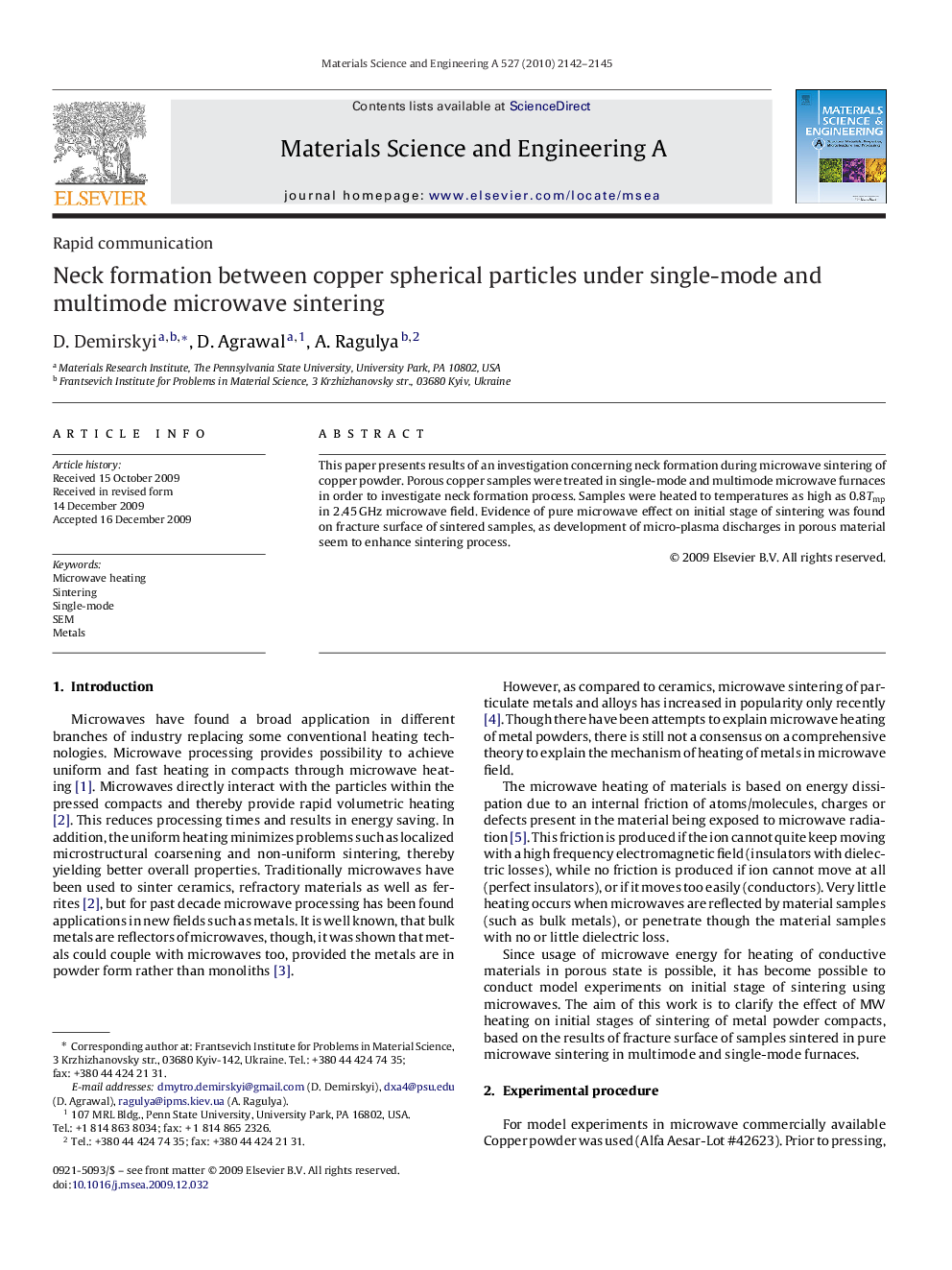 Neck formation between copper spherical particles under single-mode and multimode microwave sintering