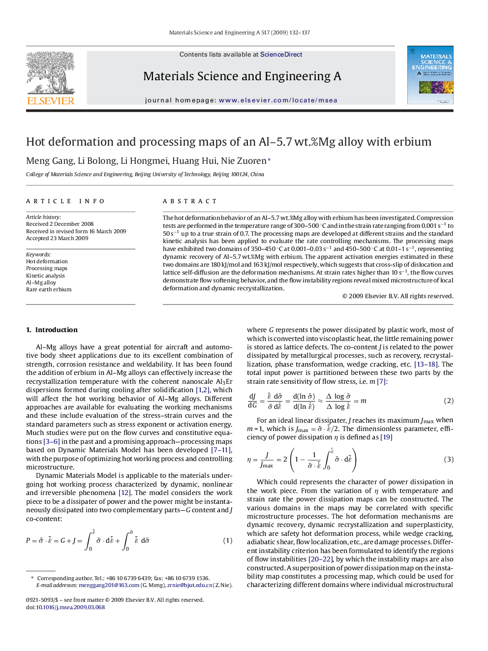 Hot deformation and processing maps of an Al-5.7Â wt.%Mg alloy with erbium