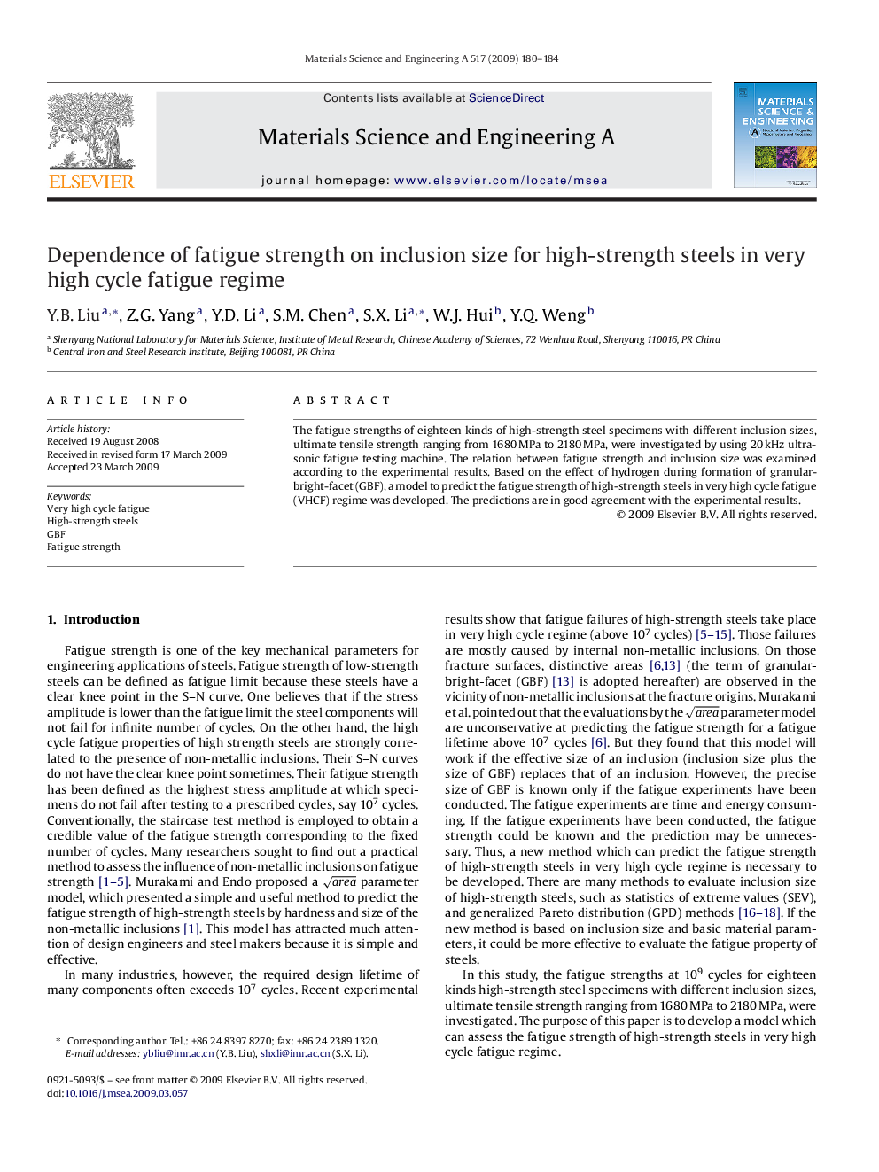 Dependence of fatigue strength on inclusion size for high-strength steels in very high cycle fatigue regime