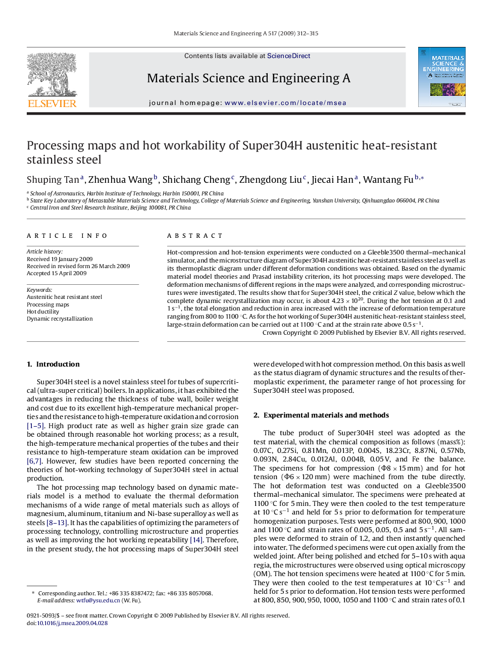 Processing maps and hot workability of Super304H austenitic heat-resistant stainless steel