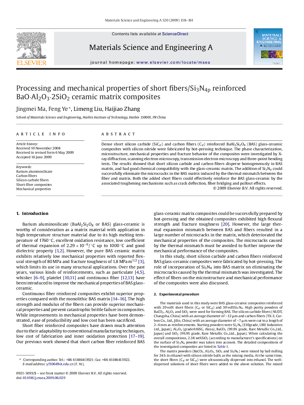 Processing and mechanical properties of short fibers/Si3N4p reinforced BaO·Al2O3·2SiO2 ceramic matrix composites