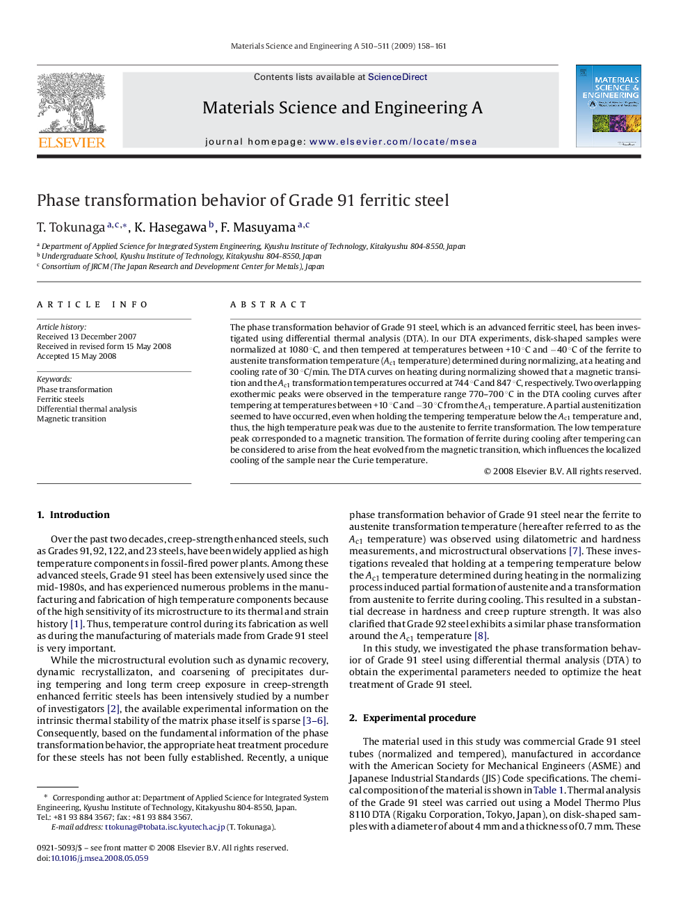 Phase transformation behavior of Grade 91 ferritic steel