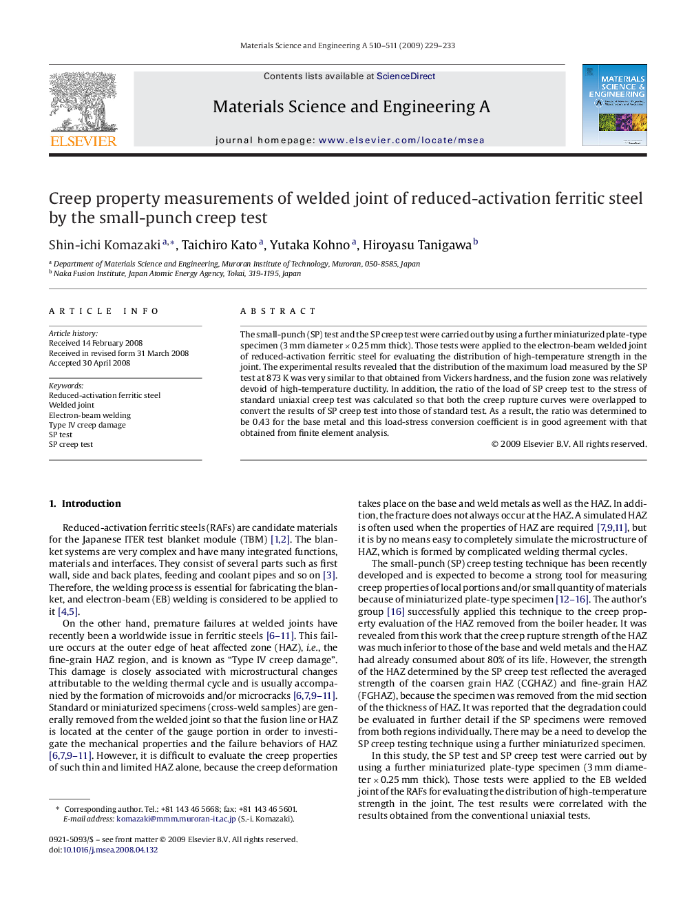 Creep property measurements of welded joint of reduced-activation ferritic steel by the small-punch creep test