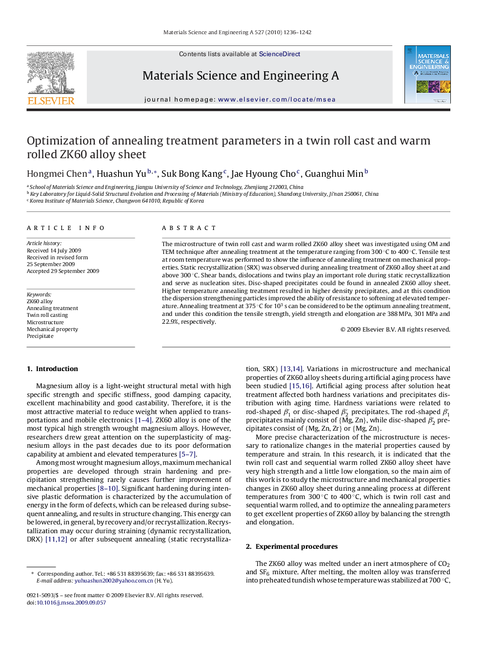 Optimization of annealing treatment parameters in a twin roll cast and warm rolled ZK60 alloy sheet