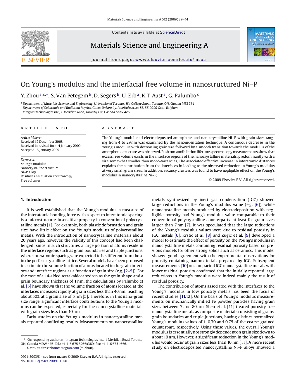 On Young's modulus and the interfacial free volume in nanostructured Ni–P