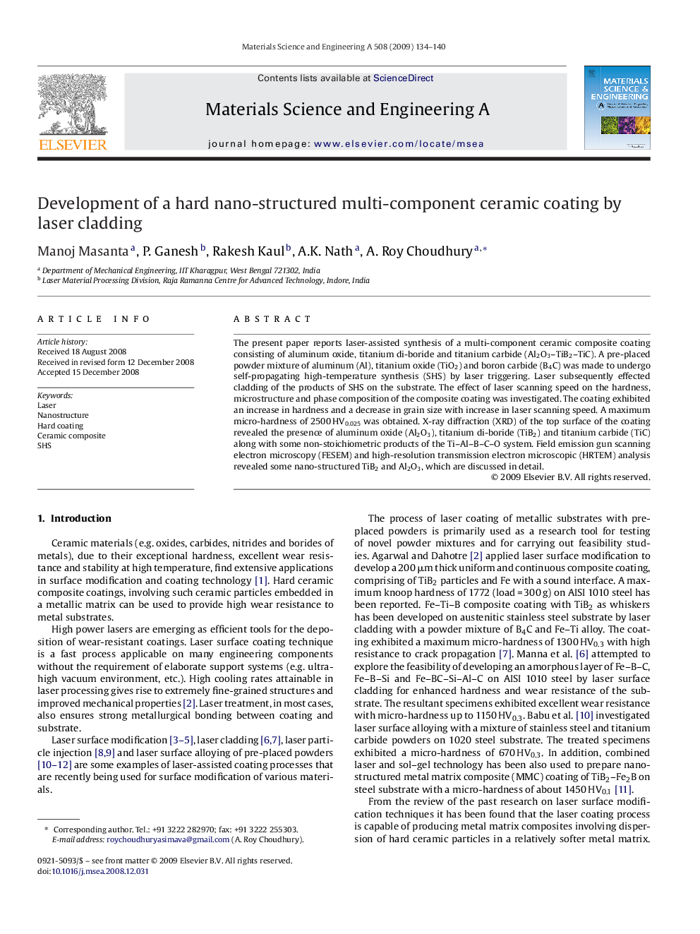 Development of a hard nano-structured multi-component ceramic coating by laser cladding