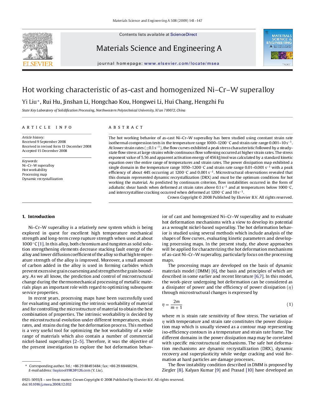 Hot working characteristic of as-cast and homogenized Ni–Cr–W superalloy