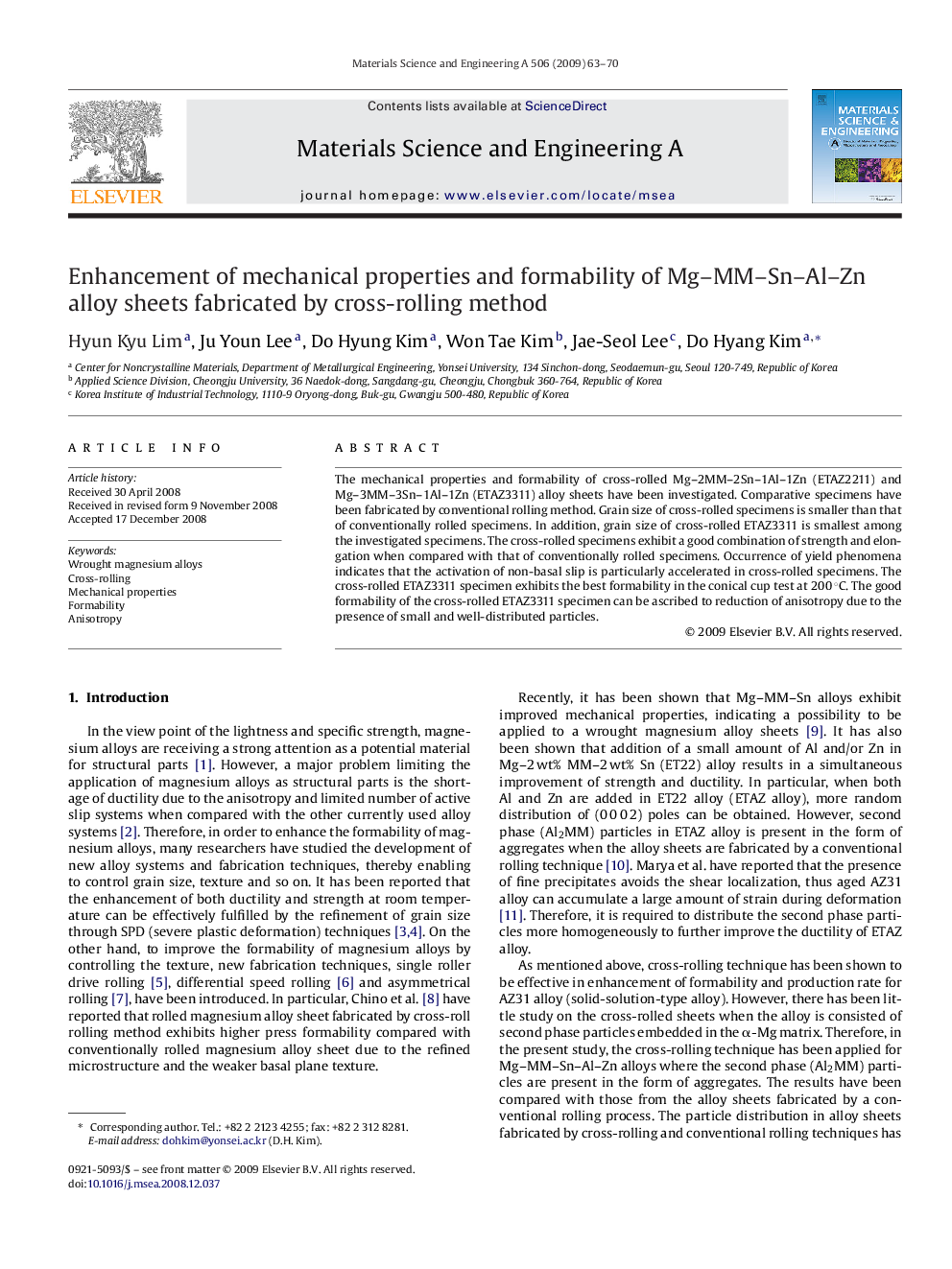 Enhancement of mechanical properties and formability of Mg–MM–Sn–Al–Zn alloy sheets fabricated by cross-rolling method