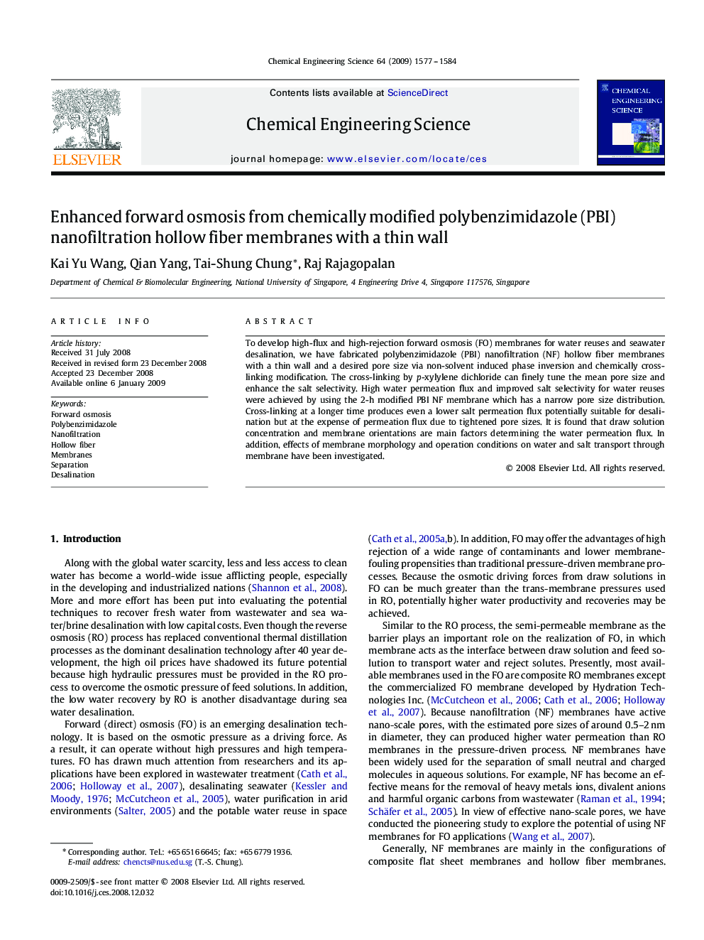 Enhanced forward osmosis from chemically modified polybenzimidazole (PBI) nanofiltration hollow fiber membranes with a thin wall