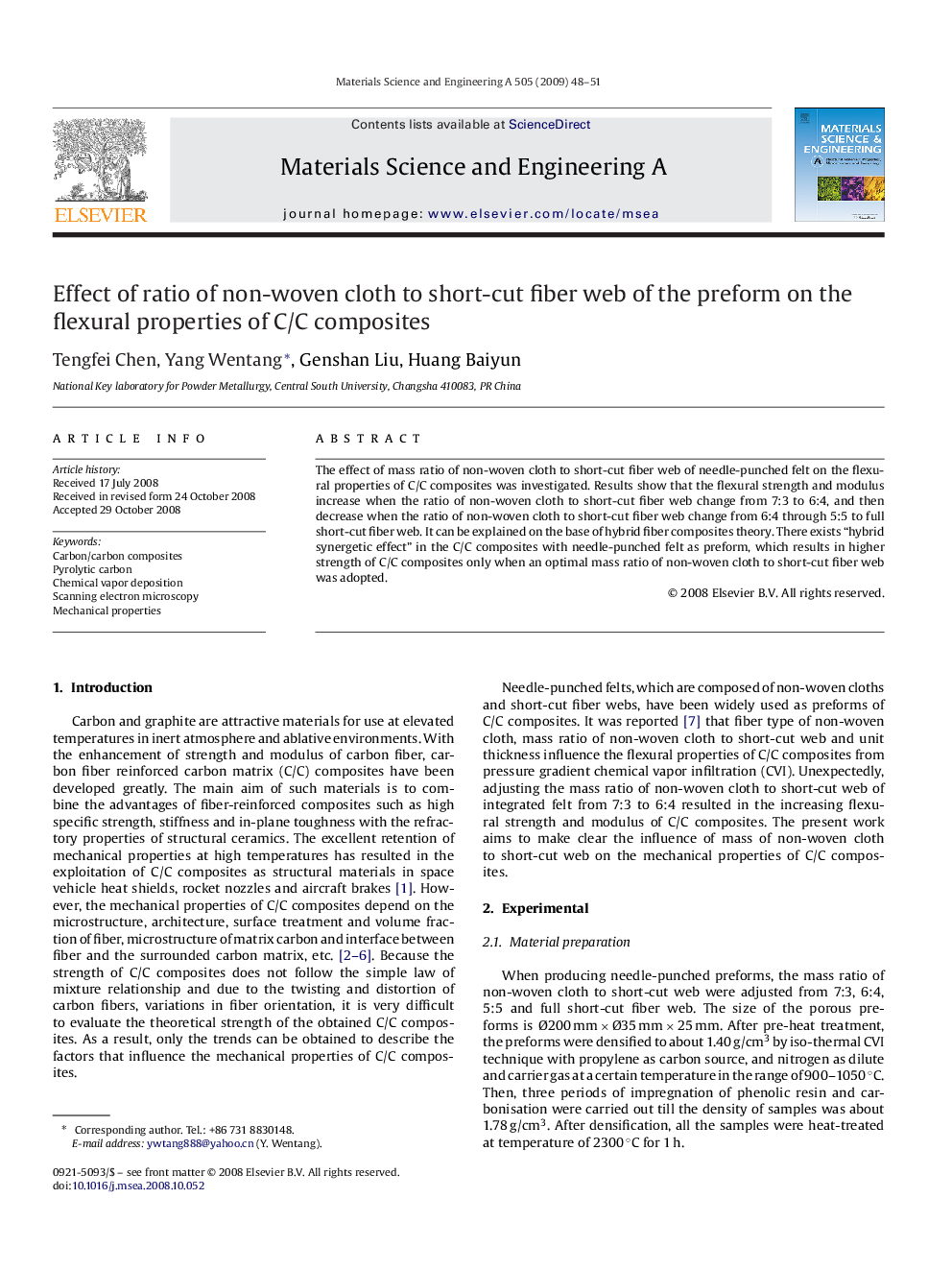 Effect of ratio of non-woven cloth to short-cut fiber web of the preform on the flexural properties of C/C composites