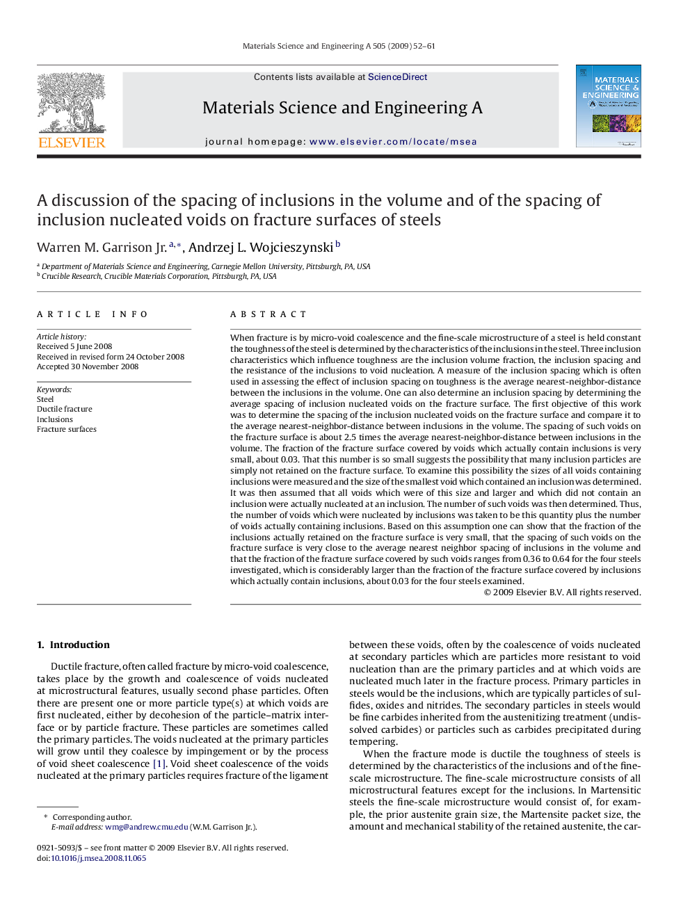 A discussion of the spacing of inclusions in the volume and of the spacing of inclusion nucleated voids on fracture surfaces of steels