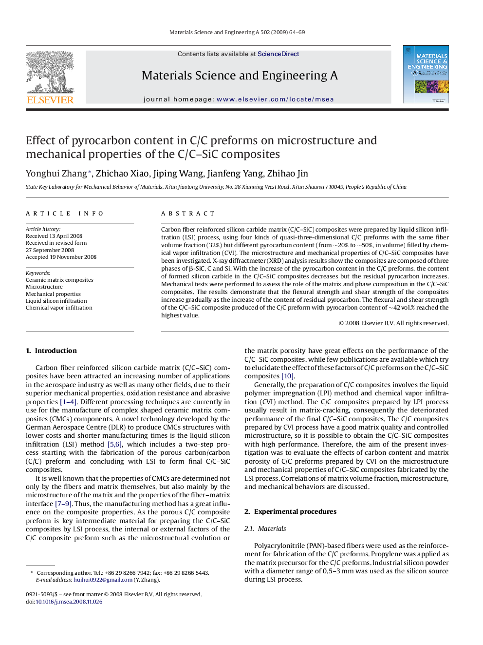 Effect of pyrocarbon content in C/C preforms on microstructure and mechanical properties of the C/C-SiC composites