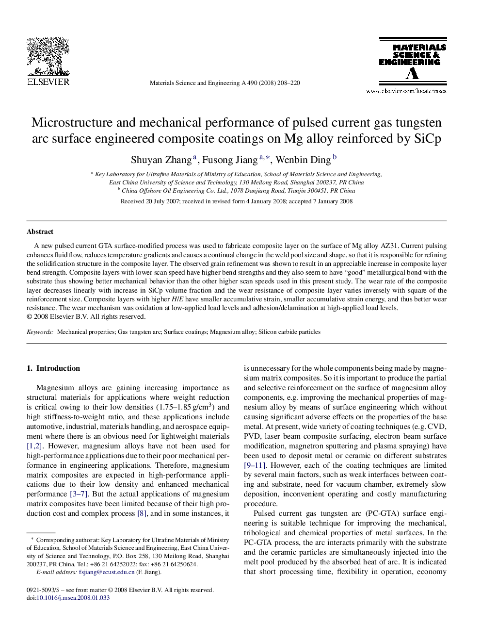 Microstructure and mechanical performance of pulsed current gas tungsten arc surface engineered composite coatings on Mg alloy reinforced by SiCp