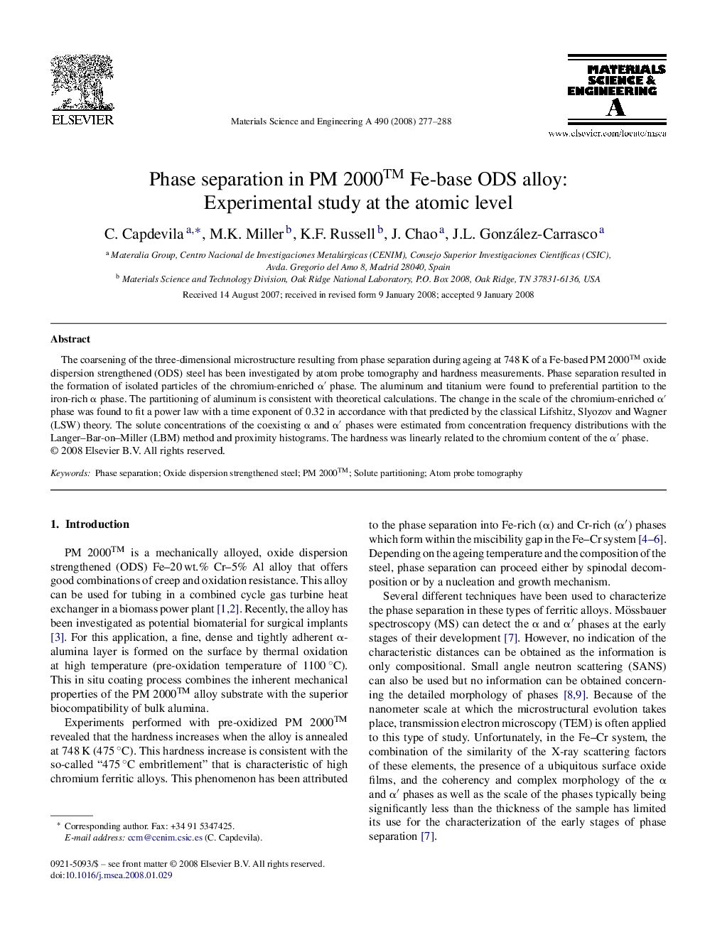 Phase separation in PM 2000â¢ Fe-base ODS alloy: Experimental study at the atomic level