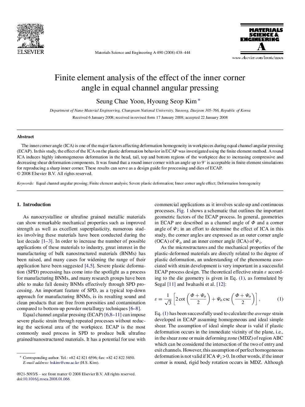 Finite element analysis of the effect of the inner corner angle in equal channel angular pressing