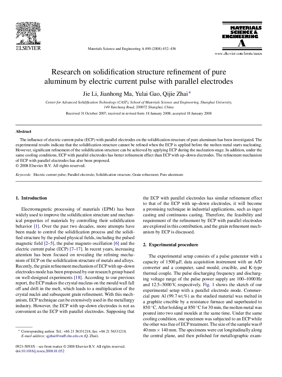 Research on solidification structure refinement of pure aluminum by electric current pulse with parallel electrodes