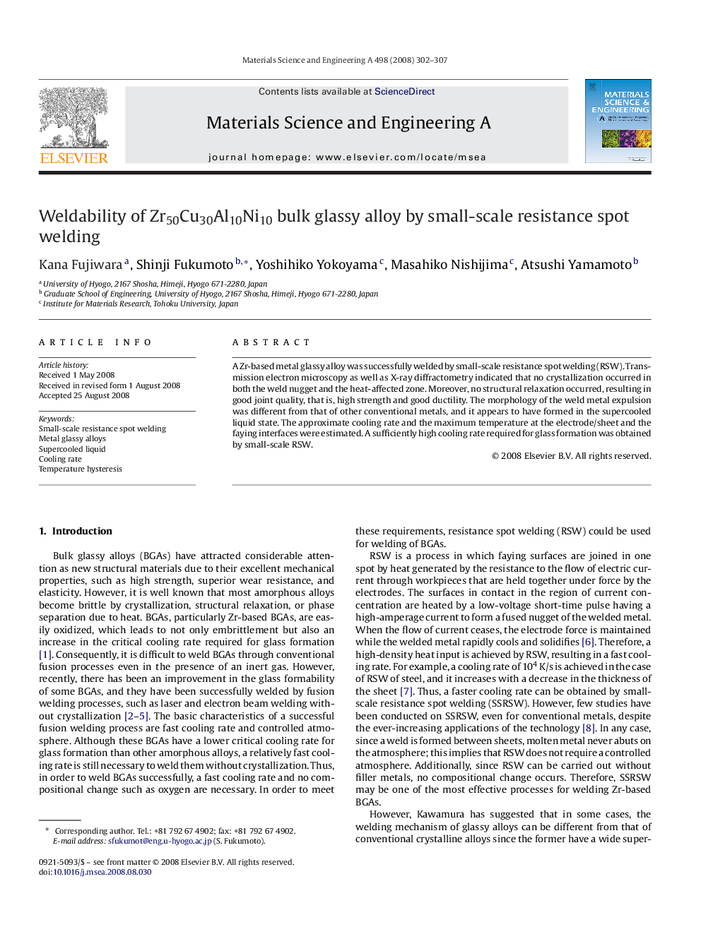 Weldability of Zr50Cu30Al10Ni10 bulk glassy alloy by small-scale resistance spot welding