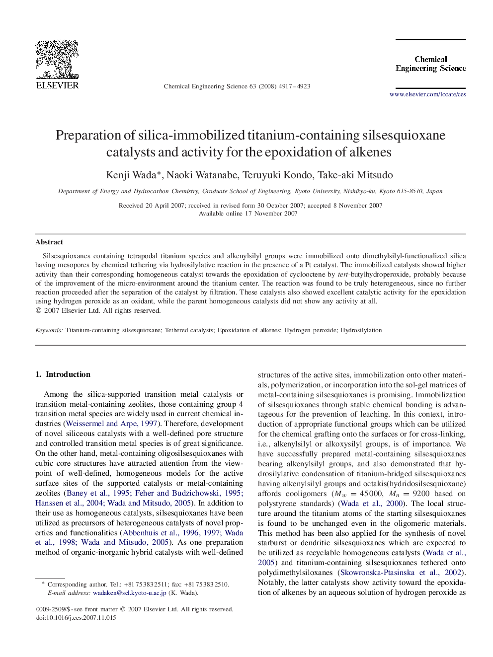 Preparation of silica-immobilized titanium-containing silsesquioxane catalysts and activity for the epoxidation of alkenes