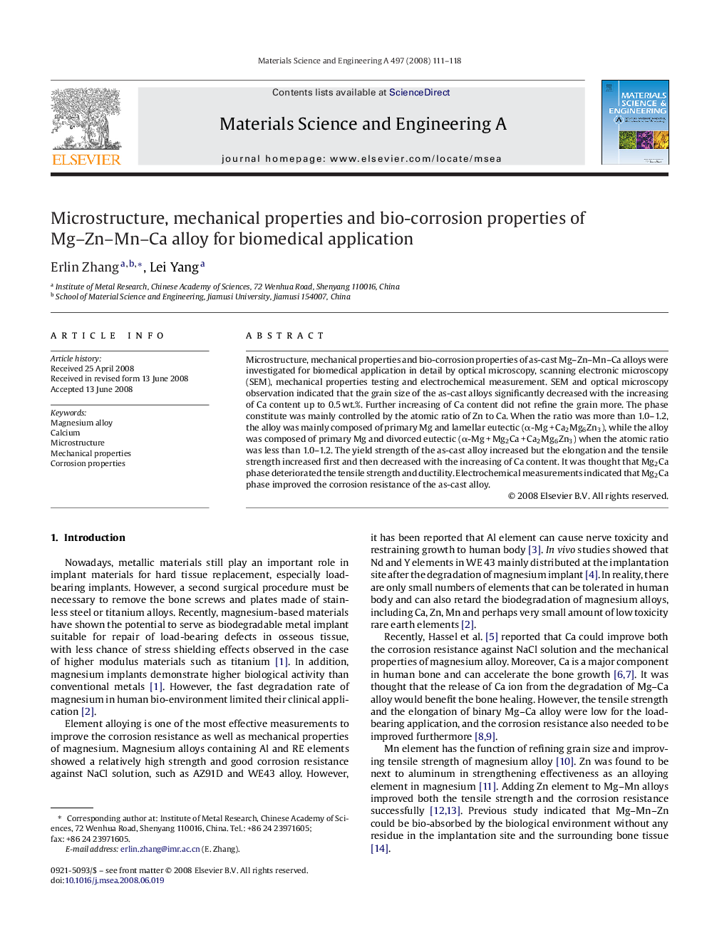 Microstructure, mechanical properties and bio-corrosion properties of Mg–Zn–Mn–Ca alloy for biomedical application