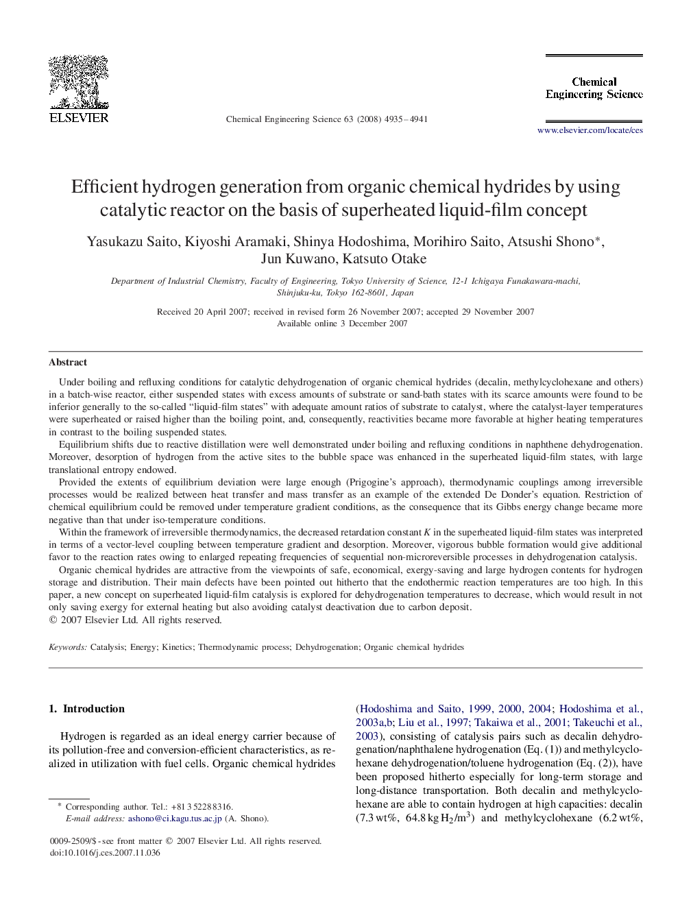 Efficient hydrogen generation from organic chemical hydrides by using catalytic reactor on the basis of superheated liquid-film concept