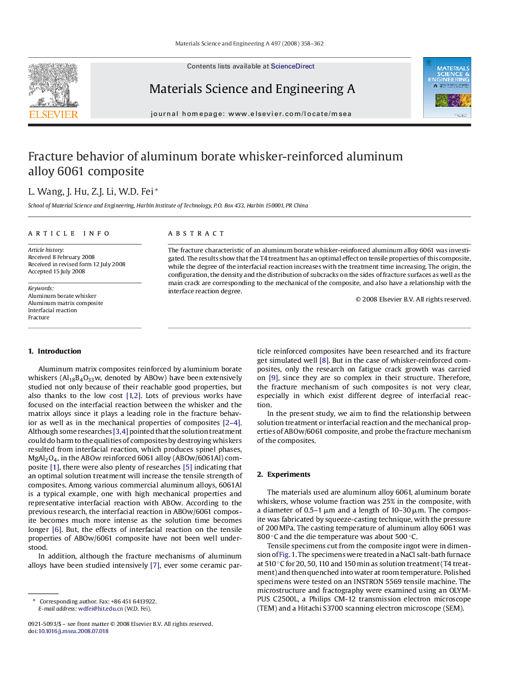 Fracture behavior of aluminum borate whisker-reinforced aluminum alloy 6061 composite