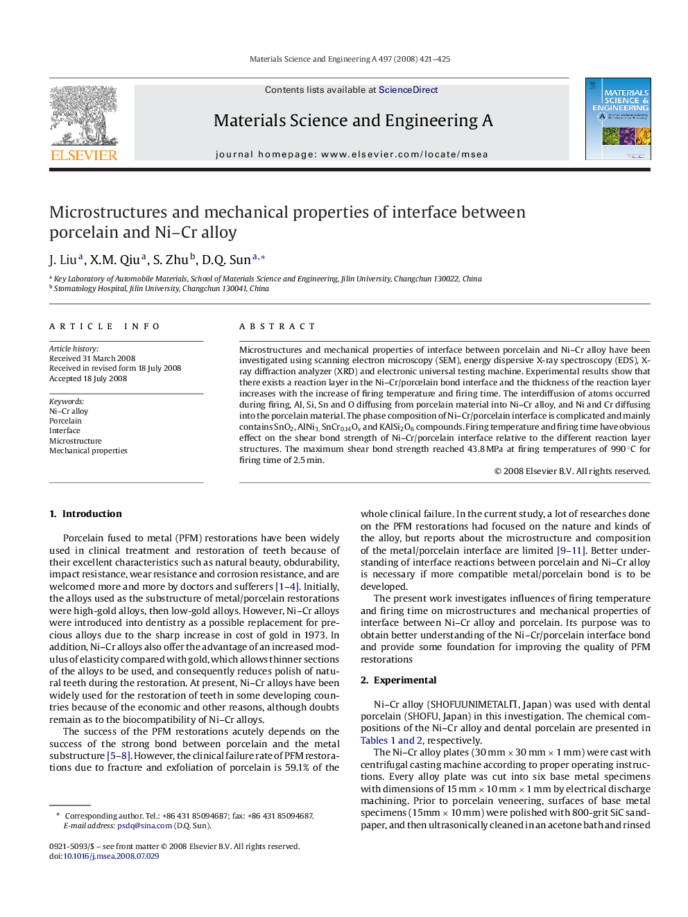 Microstructures and mechanical properties of interface between porcelain and Ni–Cr alloy