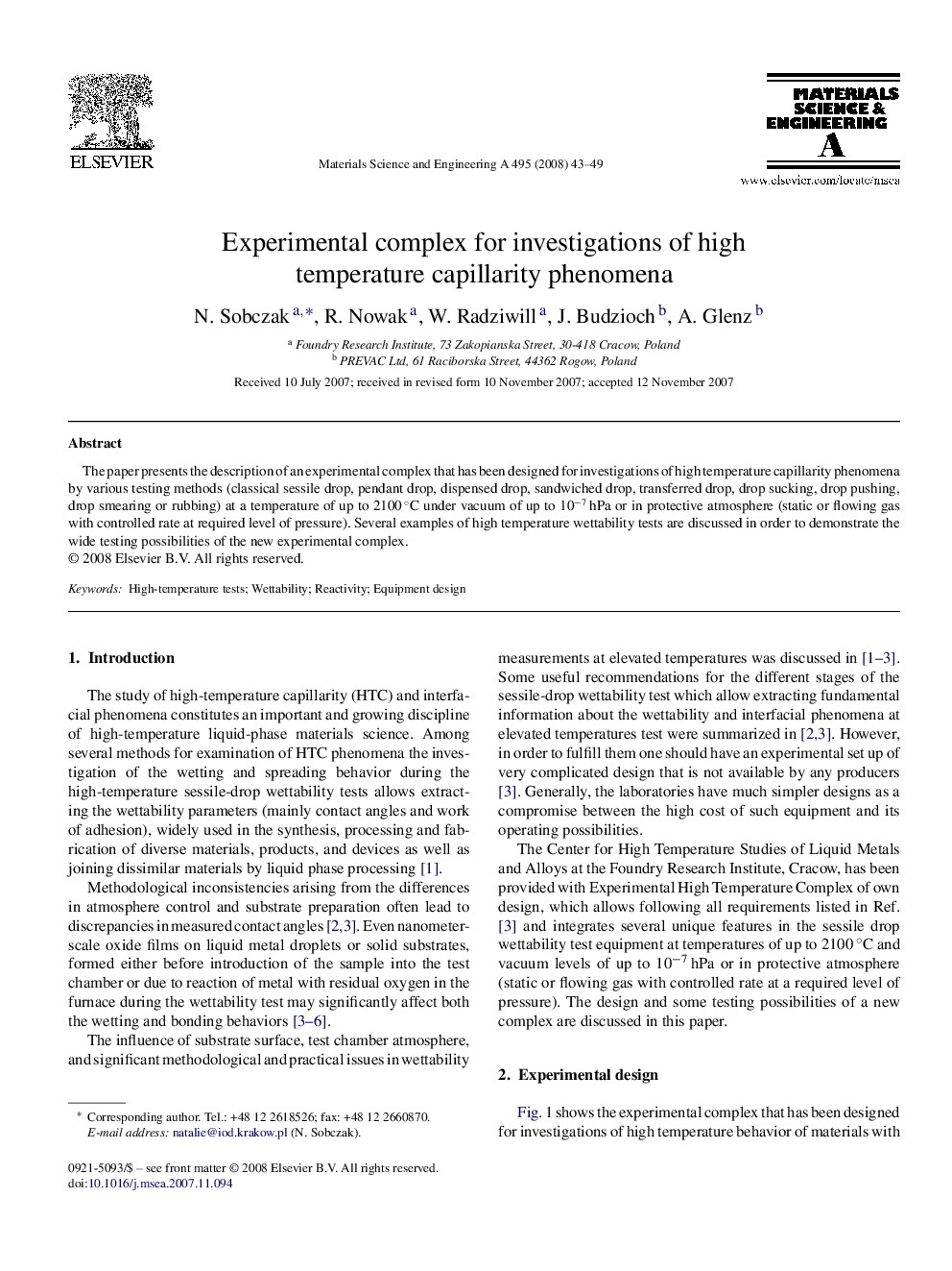 Experimental complex for investigations of high temperature capillarity phenomena