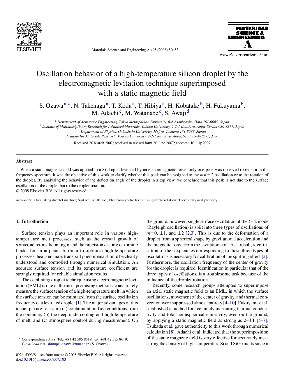 Oscillation behavior of a high-temperature silicon droplet by the electromagnetic levitation technique superimposed with a static magnetic field