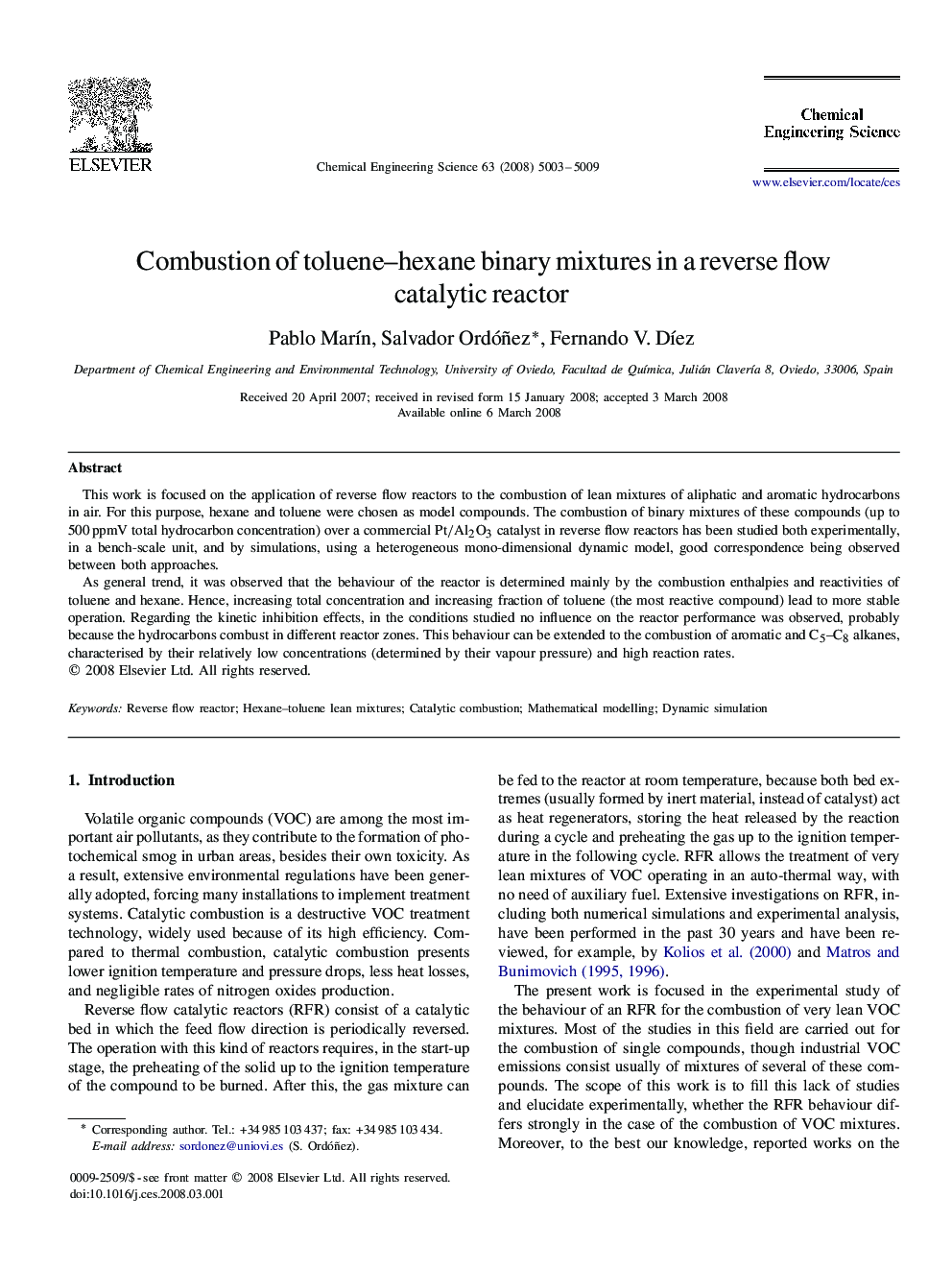 Combustion of toluene–hexane binary mixtures in a reverse flow catalytic reactor