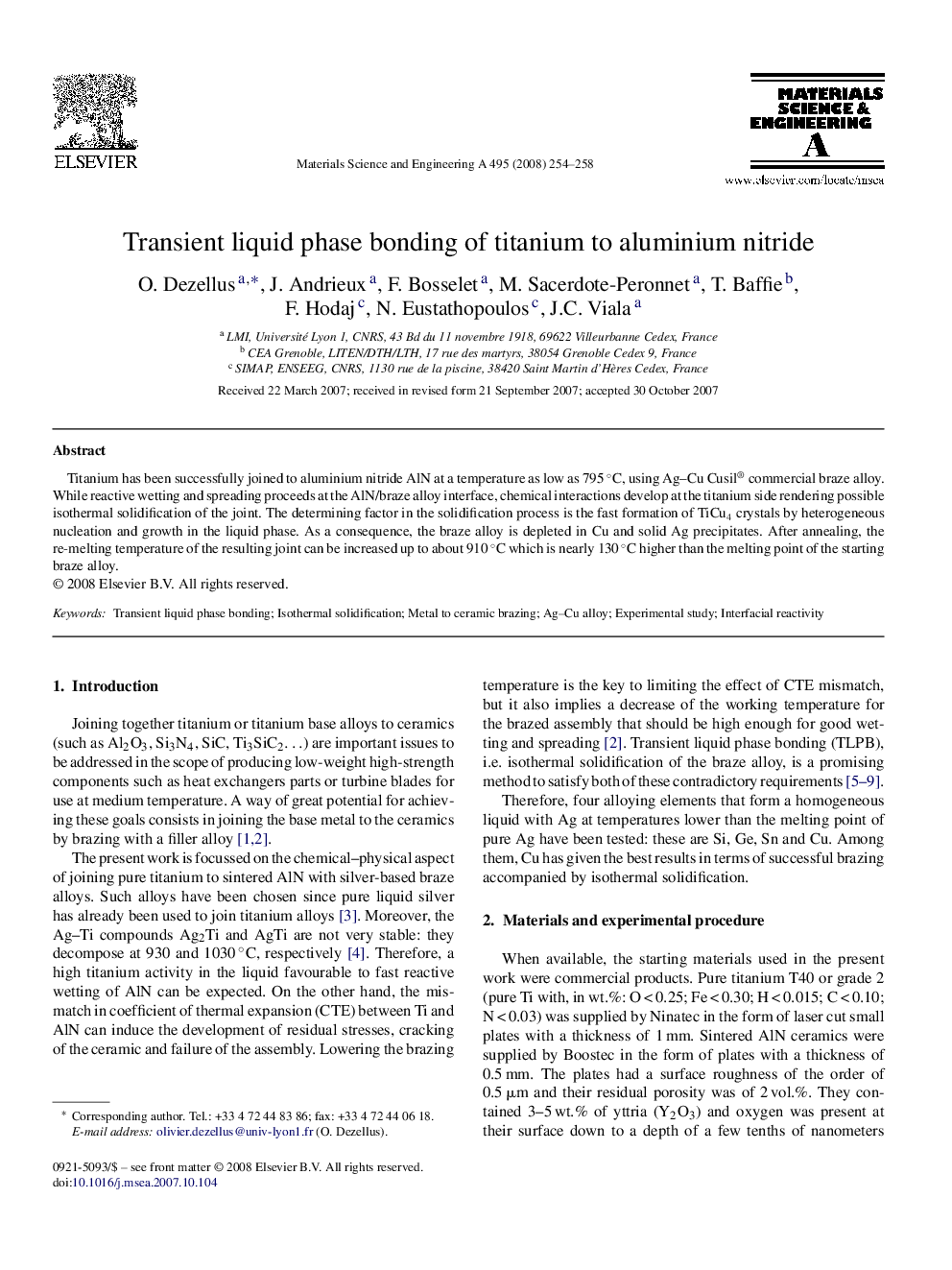 Transient liquid phase bonding of titanium to aluminium nitride