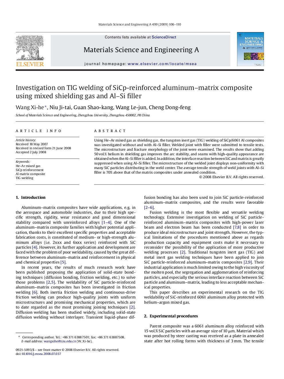 Investigation on TIG welding of SiCp-reinforced aluminum–matrix composite using mixed shielding gas and Al–Si filler