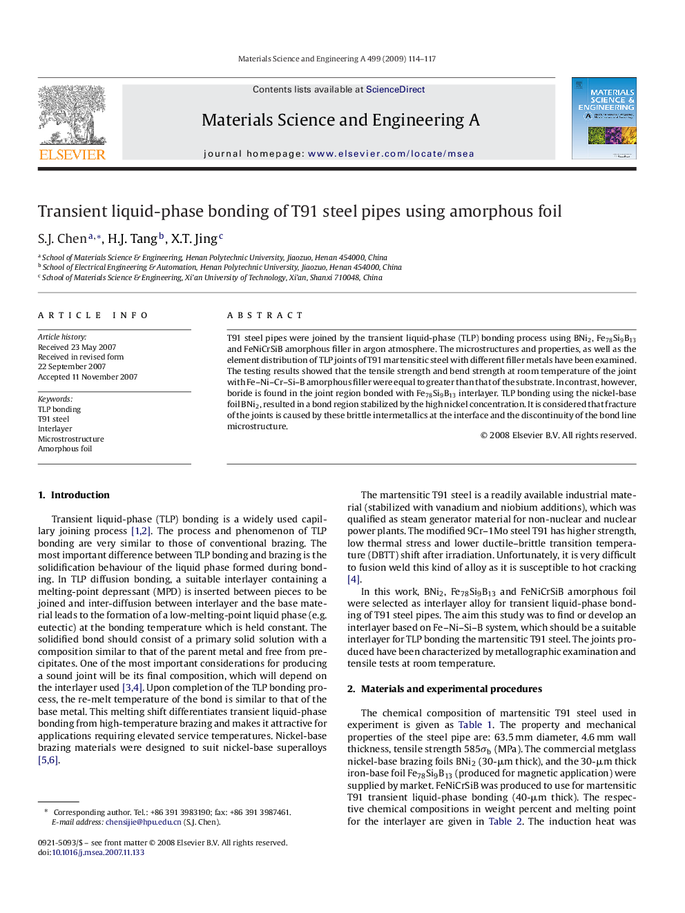 Transient liquid-phase bonding of T91 steel pipes using amorphous foil