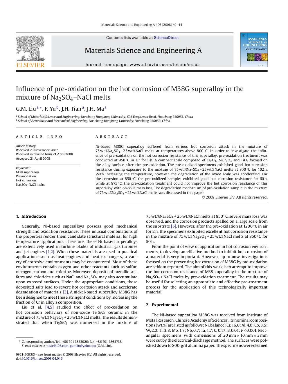 Influence of pre-oxidation on the hot corrosion of M38G superalloy in the mixture of Na2SO4–NaCl melts