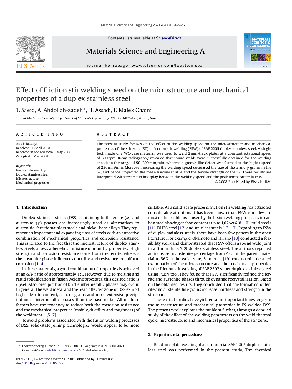 Effect of friction stir welding speed on the microstructure and mechanical properties of a duplex stainless steel