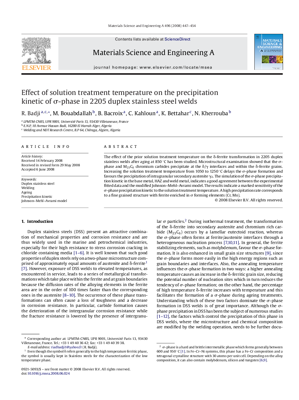 Effect of solution treatment temperature on the precipitation kinetic of σ-phase in 2205 duplex stainless steel welds