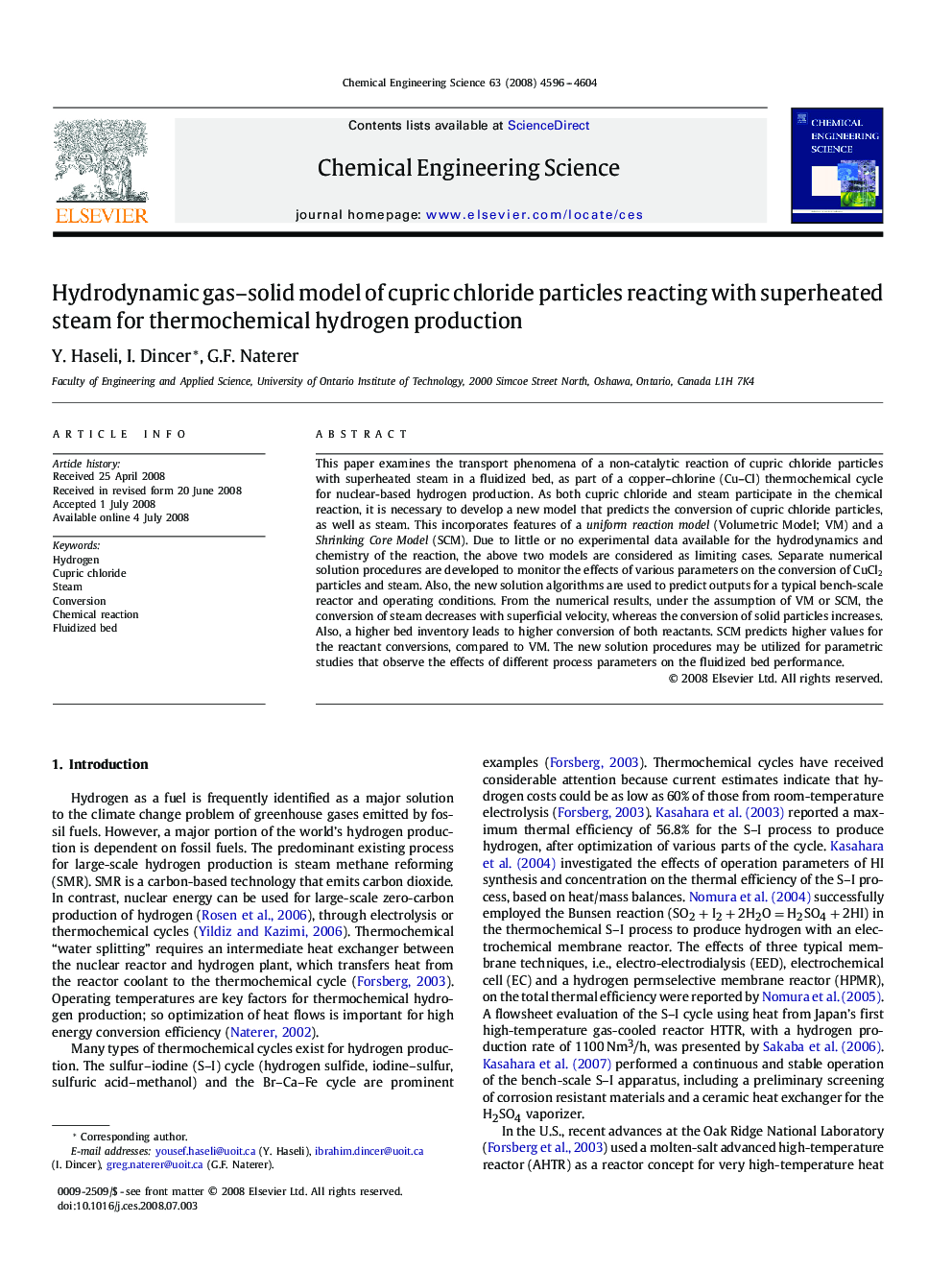 Hydrodynamic gas–solid model of cupric chloride particles reacting with superheated steam for thermochemical hydrogen production