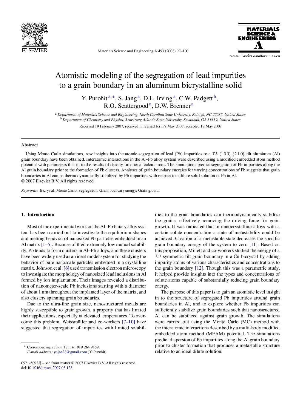 Atomistic modeling of the segregation of lead impurities to a grain boundary in an aluminum bicrystalline solid