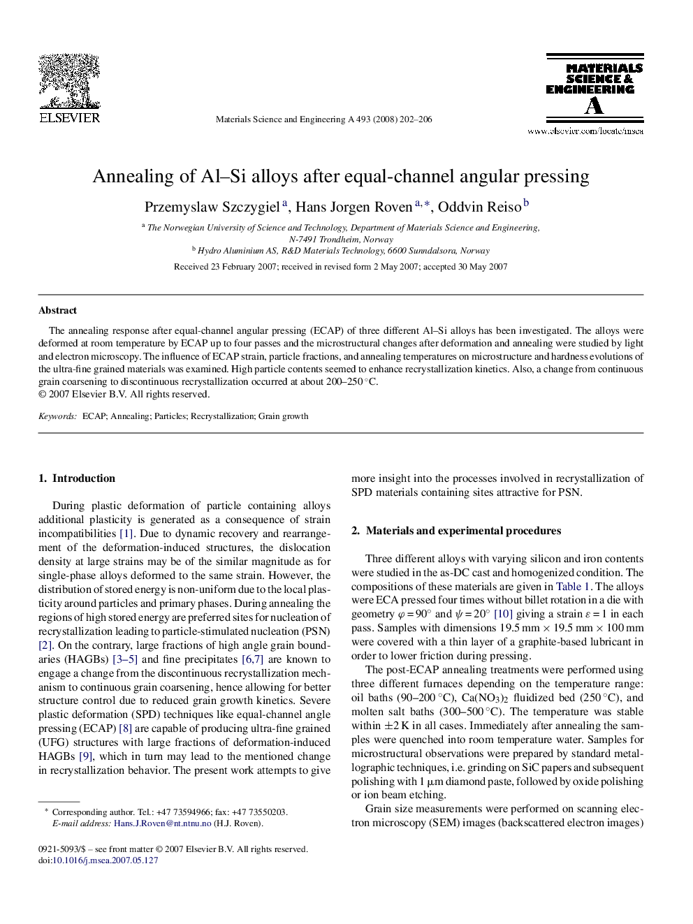 Annealing of Al-Si alloys after equal-channel angular pressing