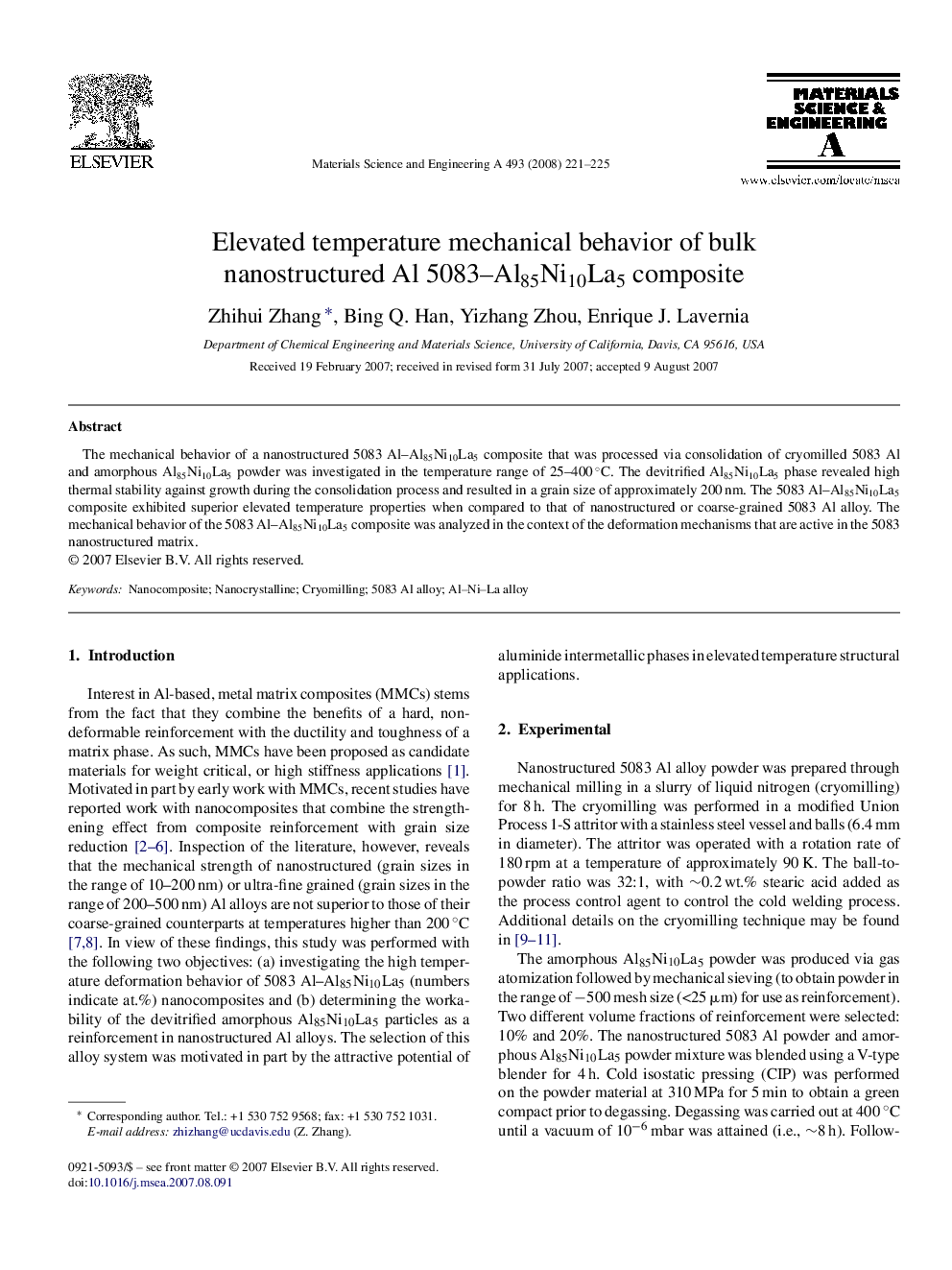 Elevated temperature mechanical behavior of bulk nanostructured Al 5083–Al85Ni10La5 composite