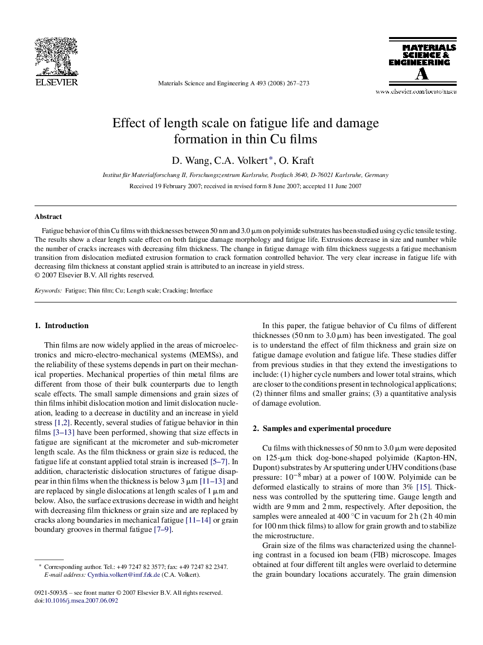 Effect of length scale on fatigue life and damage formation in thin Cu films