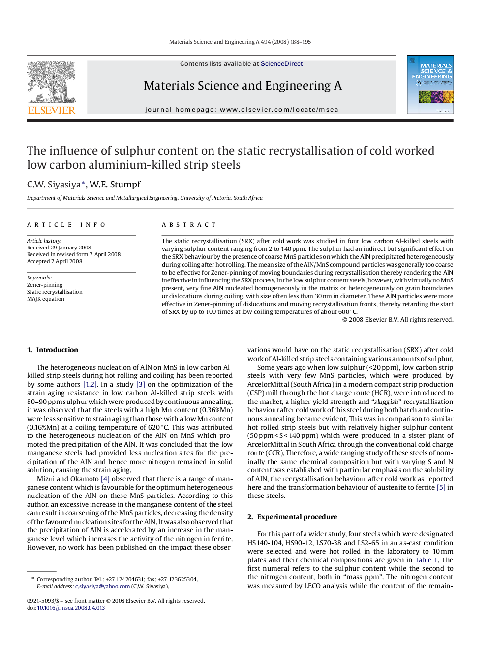 The influence of sulphur content on the static recrystallisation of cold worked low carbon aluminium-killed strip steels