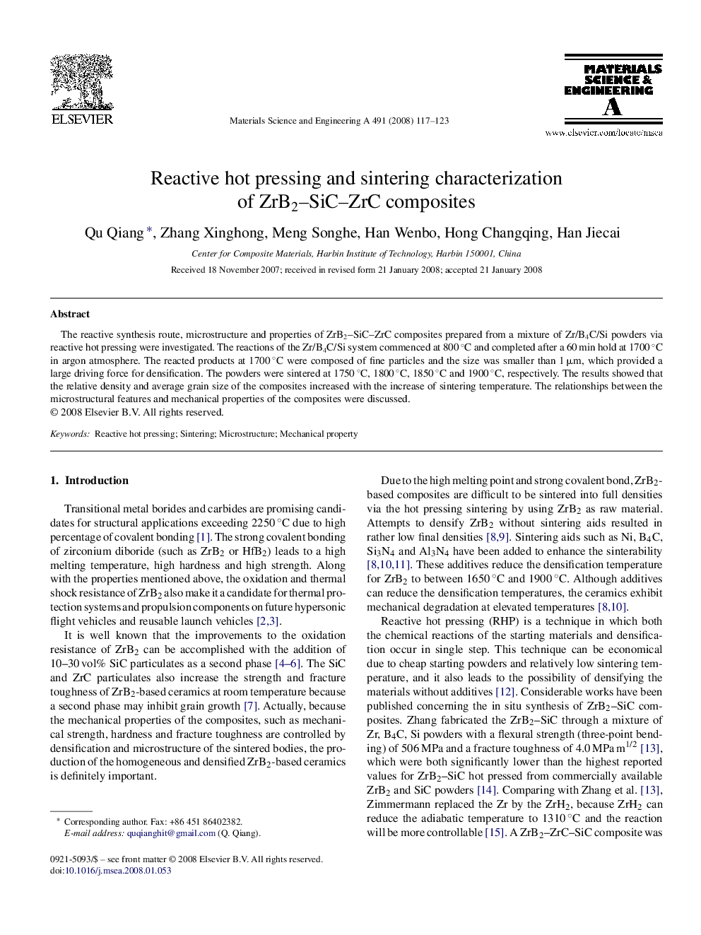 Reactive hot pressing and sintering characterization of ZrB2–SiC–ZrC composites