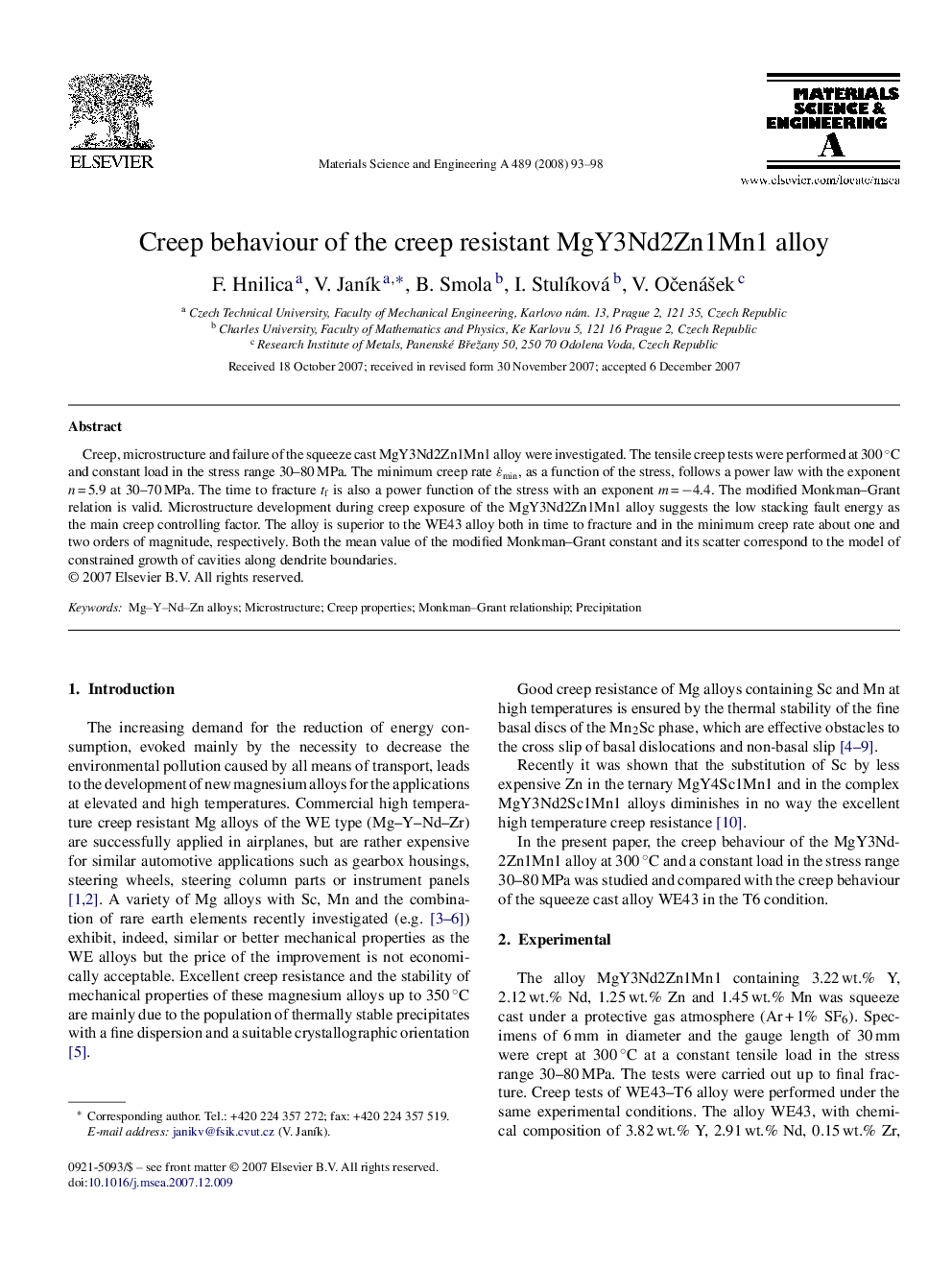 Creep behaviour of the creep resistant MgY3Nd2Zn1Mn1 alloy